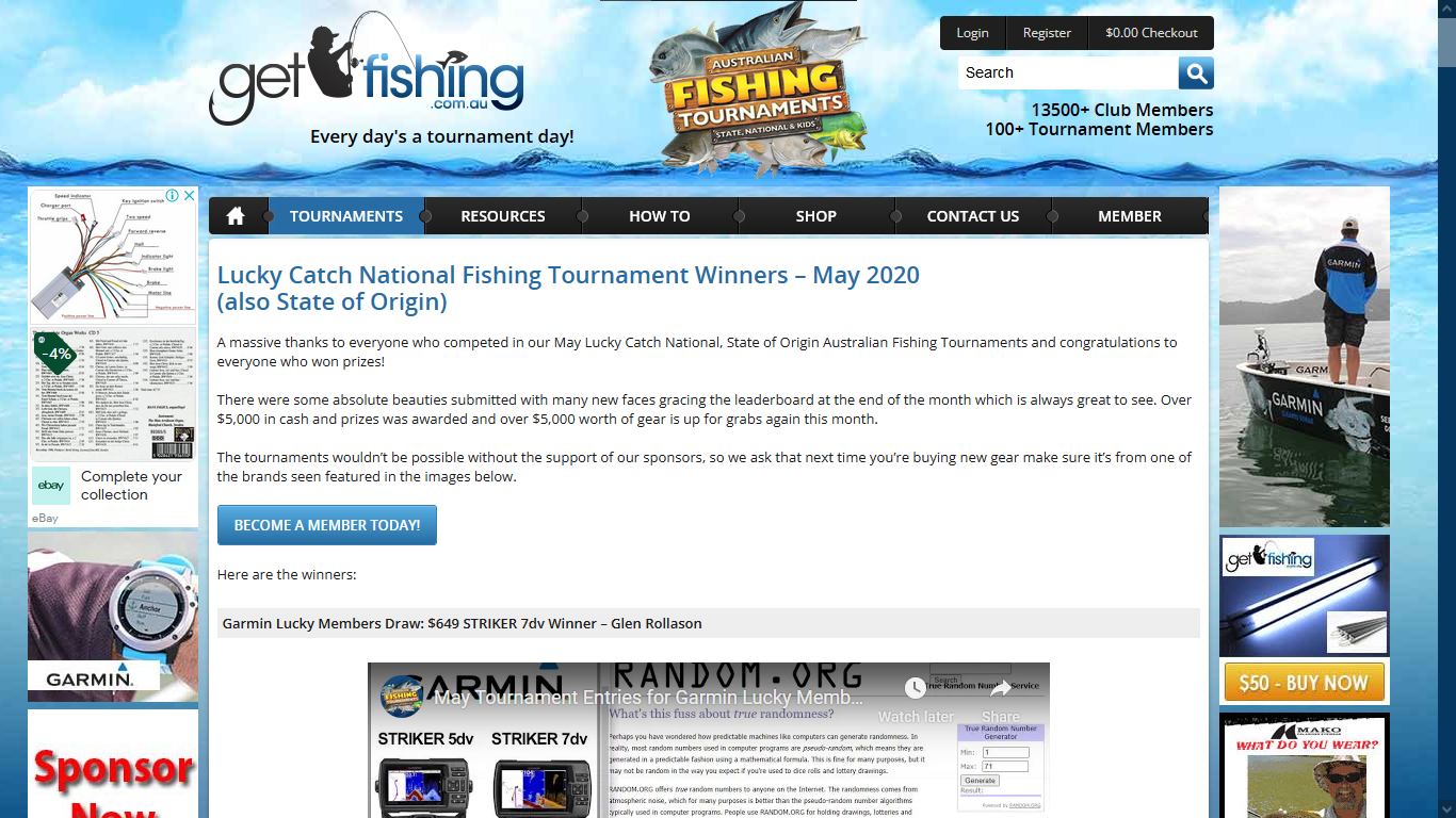 get fishing website winner page on fishing tournament website